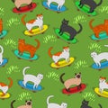Seamless pattern with cats on skateboards. Vector graphics