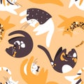 Seamless pattern with cats sleeping comfortably curled up Royalty Free Stock Photo