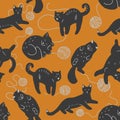 Seamless pattern with cats and yarn