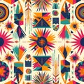 A seamless pattern celebrating Native American heritage, featuring vibrant symbols and feather motifs on a warm backdrop Royalty Free Stock Photo