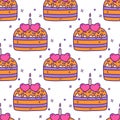 Seamless pattern. Celebratory cake. Two hearts and candle. Vector Royalty Free Stock Photo