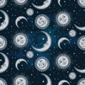 Seamless pattern with celestial bodies - moon, sun and stars over blue night sky background. Boho chic fabric print, wrapping pape