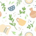 Seamless pattern with ceramic dishes and herbs