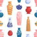 Seamless pattern with ceramic and porcelain vases on white background. Endless repeating texture with earthen pottery