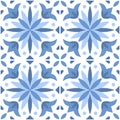 Seamless pattern of ceramic tiles in vintage style, blue color palette