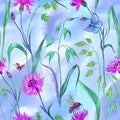 Seamless pattern from cereals, cornflower and insects watercolor