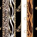 Seamless pattern with chains, anchor, coins on leopard and zebra background.Vector.