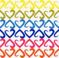 Seamless pattern of chains of multicolored hearts from watercolor brush on white background.