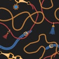 Seamless pattern with chains straps and belts. Pendants background for for fabric design. Vector.