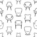 Seamless pattern with chairs and armchairs. Linear icon design. Front view black chair on a white background. Royalty Free Stock Photo