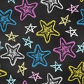 Seamless Pattern of Chalk Drawn Sketches Blue, Pink, Yellow, White Stars on Chalkboard Backdrop. Stylized Grunge Endless Motif Royalty Free Stock Photo