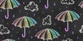 Seamless Pattern of Chalk Drawn Sketches Rainbow Umbrellas and Clouds on Dark Blackboard Royalty Free Stock Photo