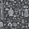 Seamless pattern with chalk hand-drawn vintage sewing tools on chalkboard Scissors, buttons, threads, needles, pins Royalty Free Stock Photo