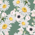 Seamless pattern with chamomile camomile, leaves, and anemones flowers on green background. Royalty Free Stock Photo