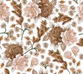 Seamless pattern realistic isolated flowers Vintage background Chamomile Roses Ears Drawing engraving Vector fabric illustration Royalty Free Stock Photo