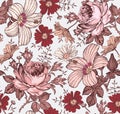 Seamless pattern realistic isolat flowers Vintage background Chamomile Rose hibiscus Drawing engraving Vector fabric illustration