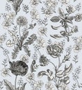 Seamless flowers Chamomile Roses Vintage background Drawing engraving Vector illustration Royalty Free Stock Photo