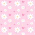 Seamless pattern with chamomiles, hearts and dots on pink background. Great for textile, fabric prints, wrapping paper