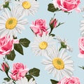 Seamless pattern with chamomiles and pink roses.