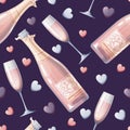 Seamless pattern with champagne bottle, glass and hearts. Great for wrapping paper, fabric, wallpaper, textiles Royalty Free Stock Photo