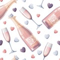 Seamless pattern with champagne bottle, glass and hearts. Great for wrapping paper, fabric, wallpaper, textiles Royalty Free Stock Photo