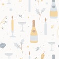 Seamless pattern with champagne bottles, glasses, fir tree branches