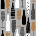 Seamless pattern with champagne bottles. Hand drawn fabric, gift wrap, wall art design. Royalty Free Stock Photo