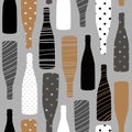 Seamless pattern with champagne bottles. Hand drawn fabric, gift wrap, wall art design.