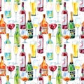 Seamless pattern of a champagne,cognac, wine, beer and glass.