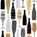 Seamless pattern with champagne glasses. Hand drawn fabric, gift wrap, wall art design.