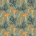 Seamless pattern with chanterelle mushrooms and blueberry bushes