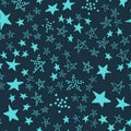 Seamless pattern, chaotically scattered stars, blue cyan design with star element