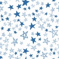 Seamless pattern, chaotically scattered stars, blue white design with star element