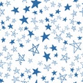 Seamless pattern, chaotically scattered stars, blue white design vector with star element Royalty Free Stock Photo