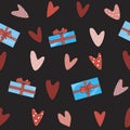 A seamless pattern with gift boxes and red bow and polka dot and checkered hearts, a flat vector stock illustration with doodle Royalty Free Stock Photo