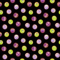 Seamless pattern of cheerful bright colorful monsters with big eyes and teeth on a black background. For Halloween Royalty Free Stock Photo