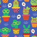 Seamless pattern with cheerful cactus in glasses