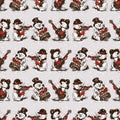 Seamless pattern of cheerful christmas snowmen musicians