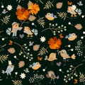 Seamless pattern with cheerful cute cartoon birds, orange flowers, bird cherry berries, leaves and hearts on black background.