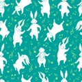 Seamless pattern cheerful cute little cute white rabbits funny dancing. Cartoon animal