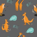 Seamless pattern with cheerful dancing animals kangaroo, fox, giraffe