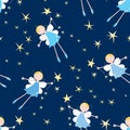 Little night fairies fly in the starry sky. Seamless background.