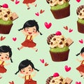 Seamless pattern cheerful girl with cupcake