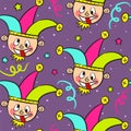 Seamless pattern with cheerful harlequin and multicolored confetti