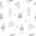 Seamless pattern of cheerful kawaii black and white house plants