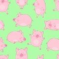 Seamless pattern of cheerful pigs on an isolated green background. Vector illustration of piglets for New Year, prints, wrapping p