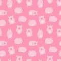 Seamless pattern of cheerful pigs on an isolated pink background. Vector illustration of piglets for New Year, prints, wrapping pa