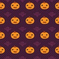 Seamless pattern with a cheerful pumpkin and bat,