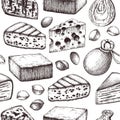 Seamless pattern with cheese sketches. Hand drawn restaurant food illustrations. Vintage milk products background. Dairy foods vec