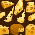 Seamless pattern. Cheese slices collection. Triangular piece of cheese. Dairy milk product icon set. Flat vector illustration on